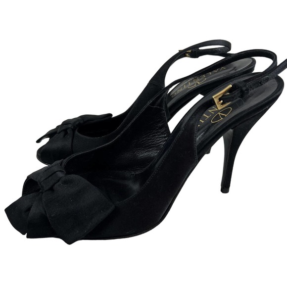 Valentino Shoes - VALENTINO Garavani Candy Black Satin Bow Peep Toe Slingback Pumps - IT 39/US 9
